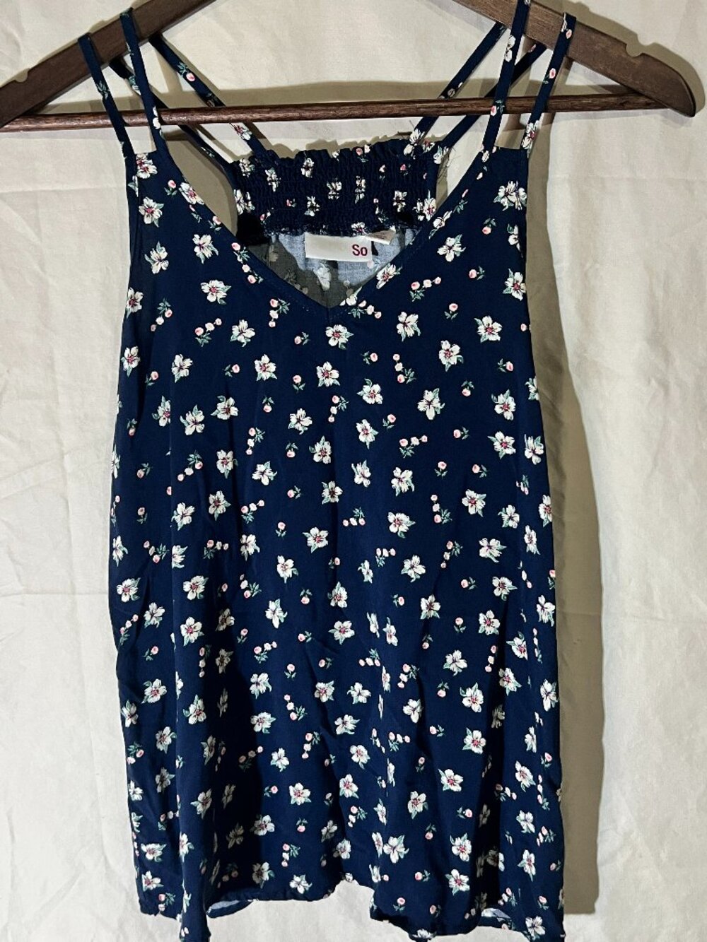 SO Babydoll Cami Top Womens  Small Spaghetti Strap Navy Pink Floral Y2K Boho